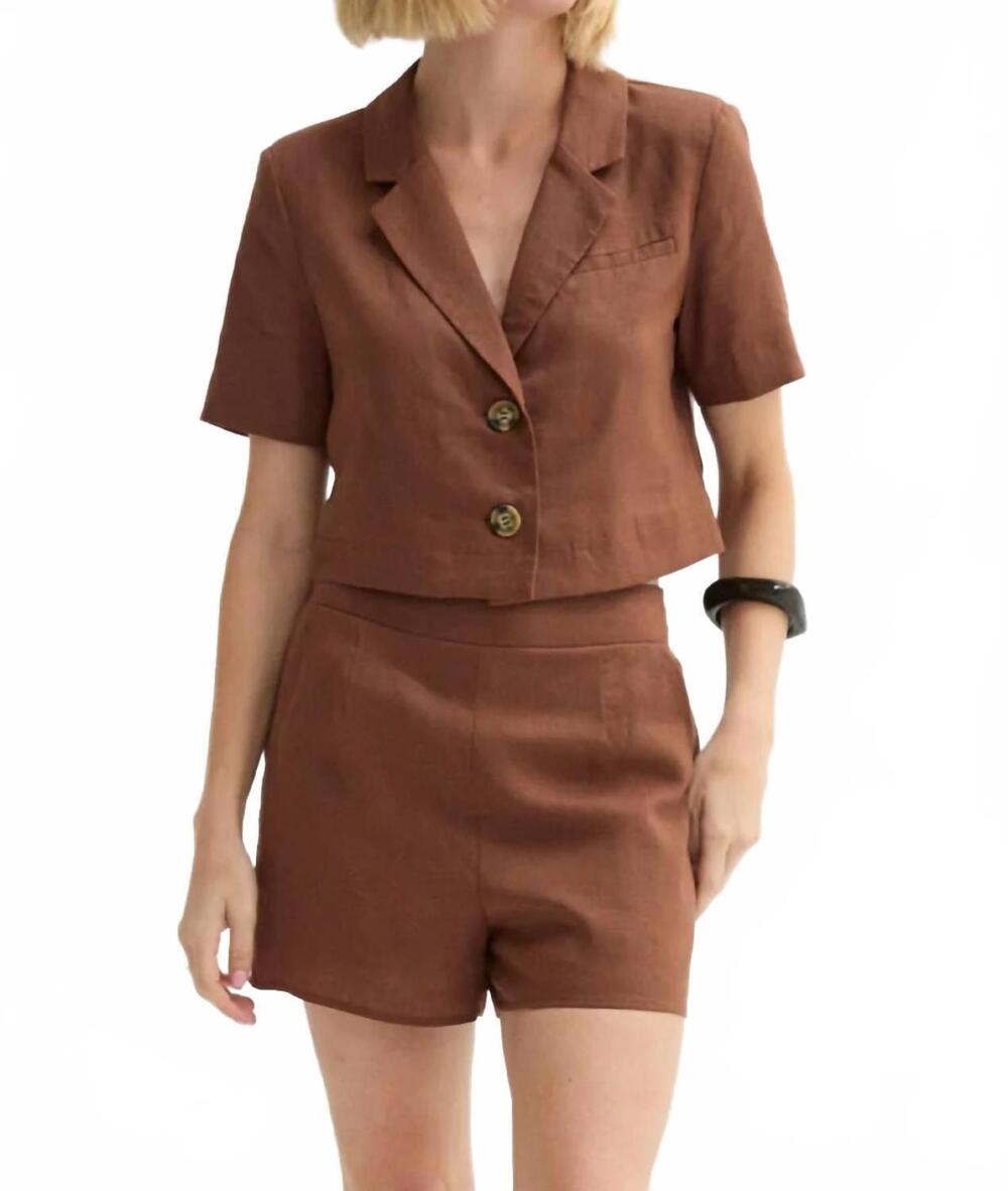 NEW CRESCENT isla cropped linen blazer and short set in brown
